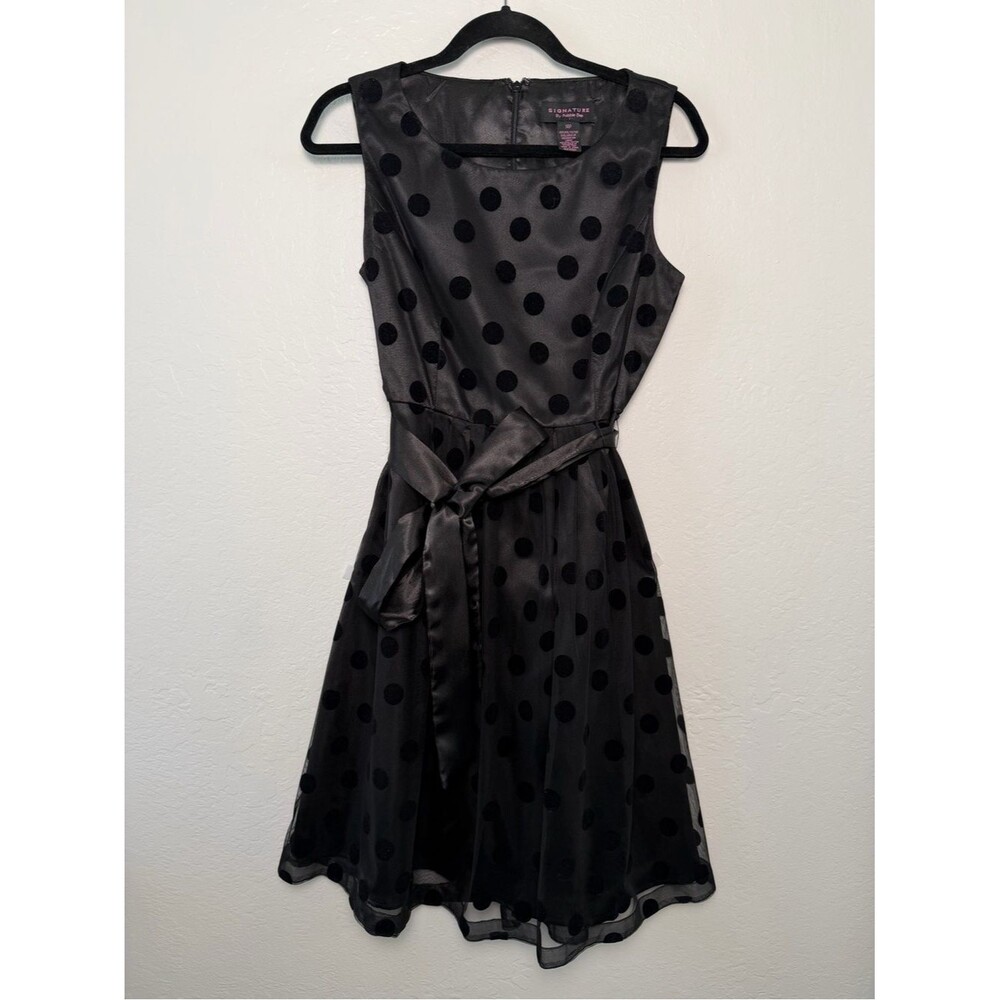 Robbie Bee Black Polka Dot Satin Tie-Waist Midi Dress LBD 14P